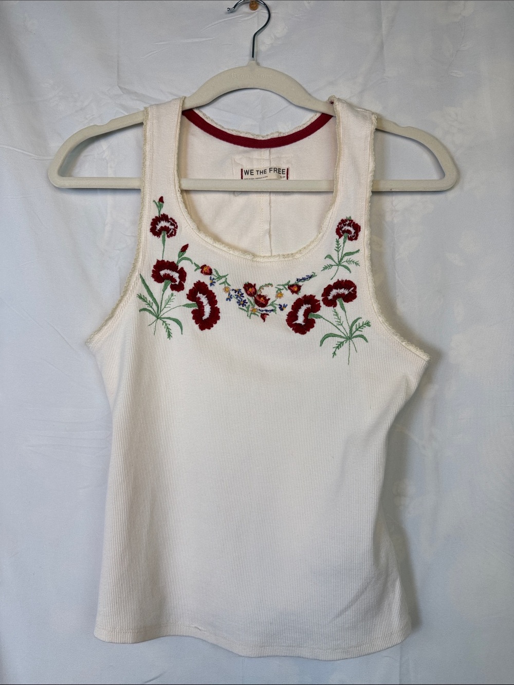 We The Free Cream Ribbed Tank with Red Trim